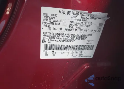 2013 Ford Edge Sel из США, поврежденный, VIN 2FMDK3JC5DBA35302